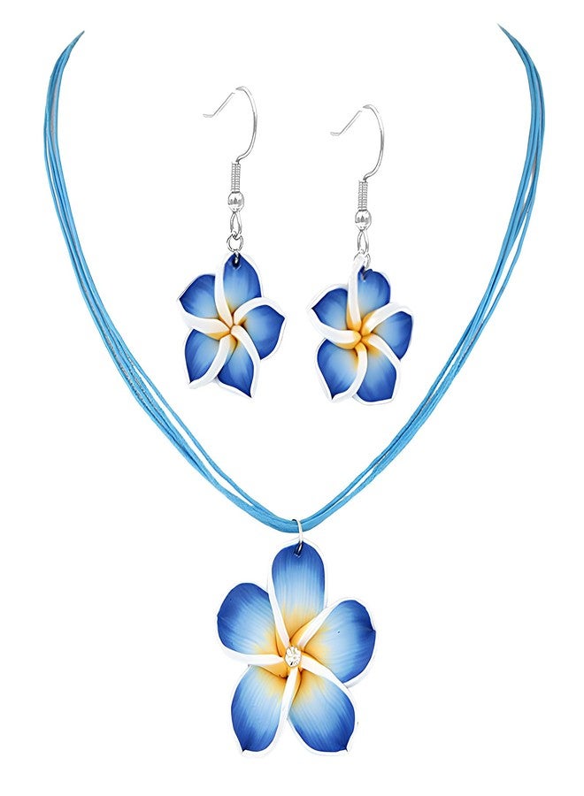 POYAMUSE Hawaiian Colorful Plumeria Flower Necklace Earrings Set - Tropical Beach Party Accessories for Women Vacation Luau Events Jewelry-blue - Image 1